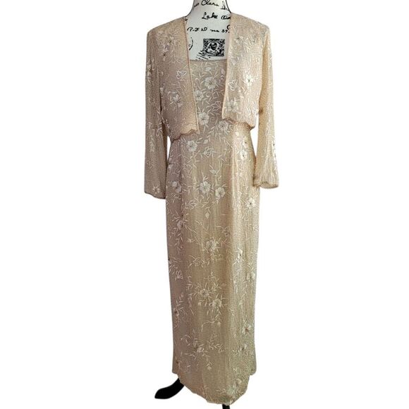 Vintage 100% silk fully beaded gown maxi length embroidered florals removable bo - Picture 1 of 16